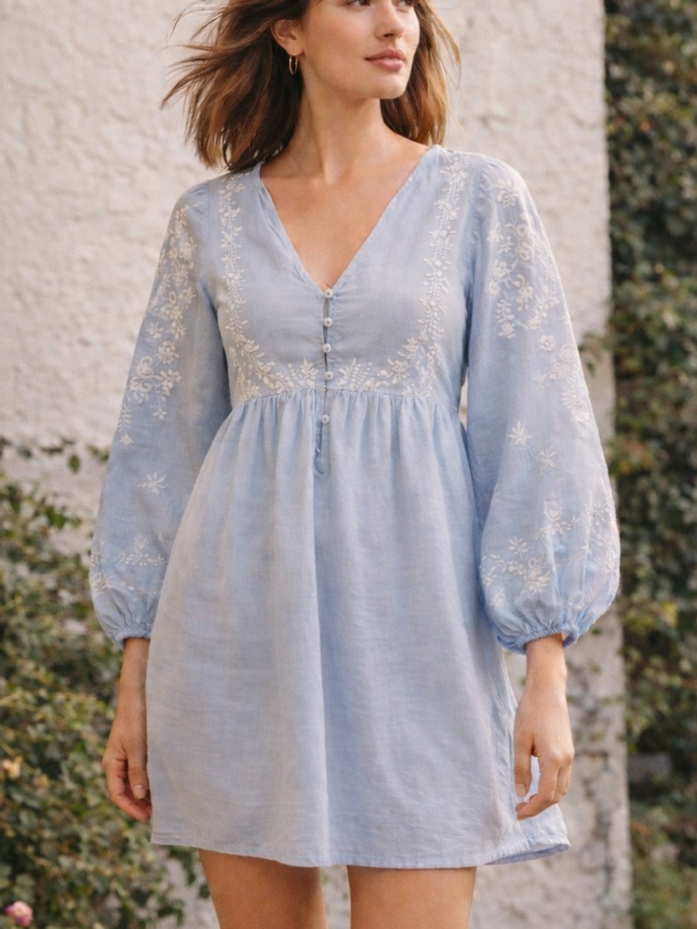 Maison 123 Blue Embroidered Cotton Cottagecore Boho Mini Dress small/ medium